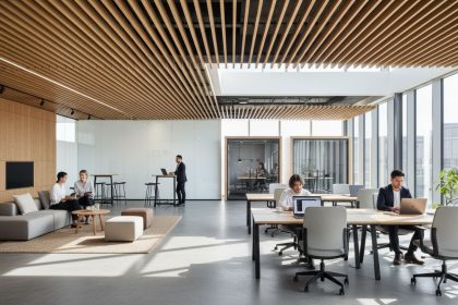 Bureau flexible moderne avec espaces de travail collaboratifs en 2026