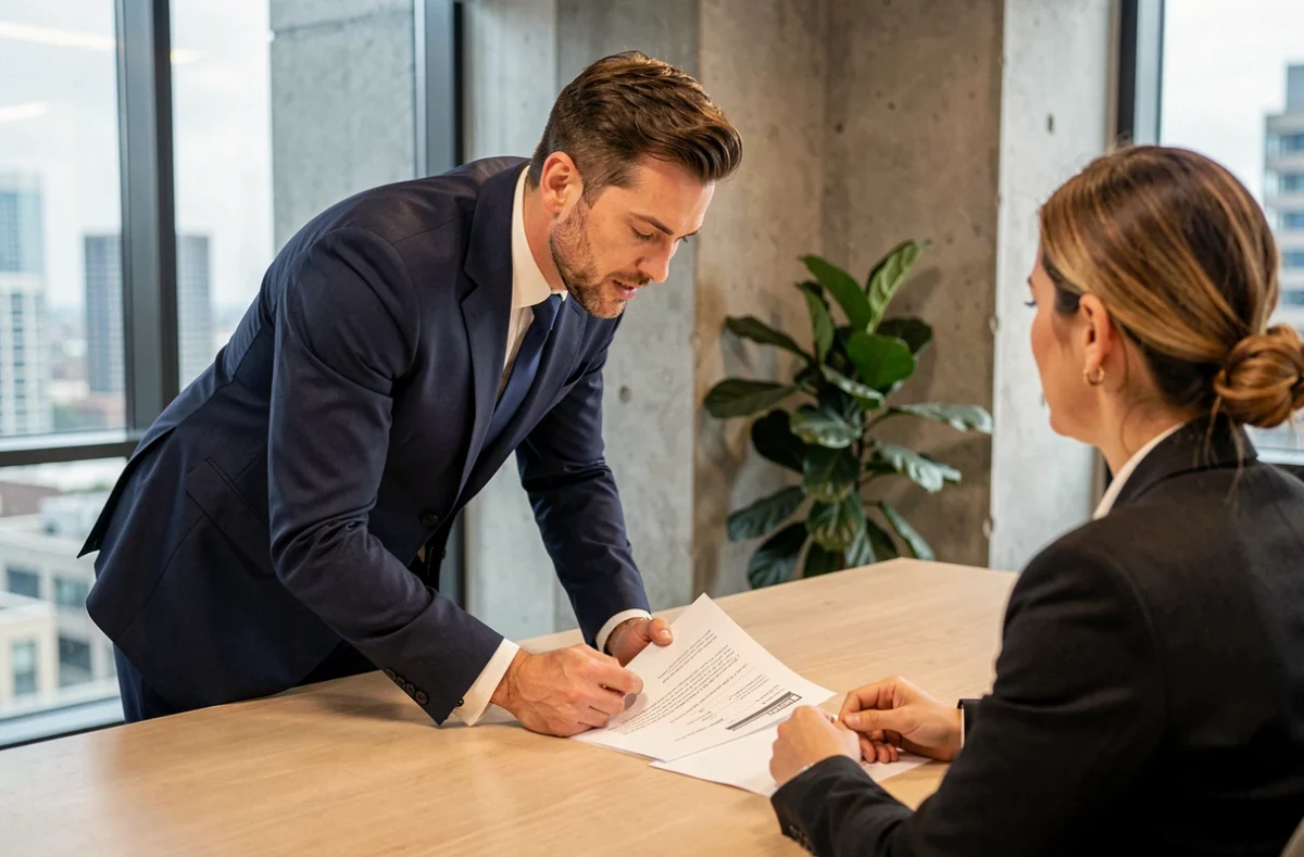 Conseiller ACE Crédit Marseille expliquant des documents de prêt immobilier à des clients dans un bureau moderne