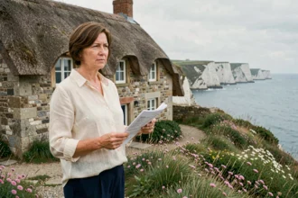 Femme consultant des annonces immobilières devant une maison normande en pierre au bord des falaises de la Manche