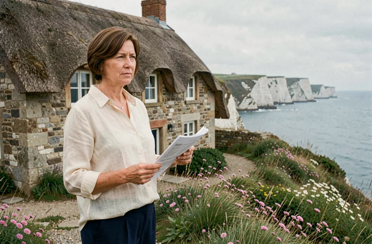 Femme consultant des annonces immobilières devant une maison normande en pierre au bord des falaises de la Manche