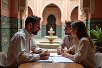 Agent immobilier marocain présentant des documents d'achat à un couple étranger dans un riad traditionnel de Marrakech