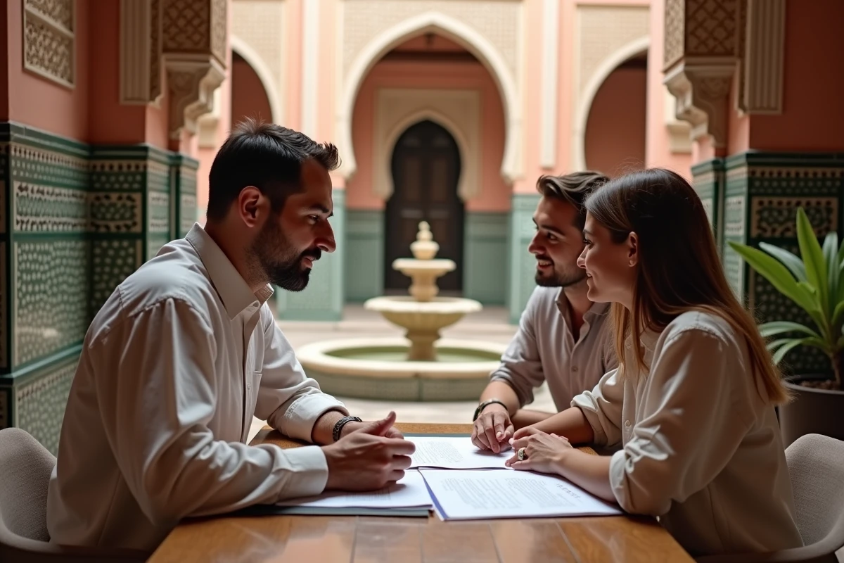 Agent immobilier marocain présentant des documents d'achat à un couple étranger dans un riad traditionnel de Marrakech