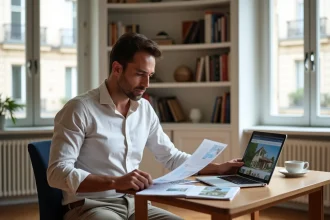 Un homme français consultant des annonces de villas à vendre à Koh Samui sur son ordinateur portable depuis son appartement parisien