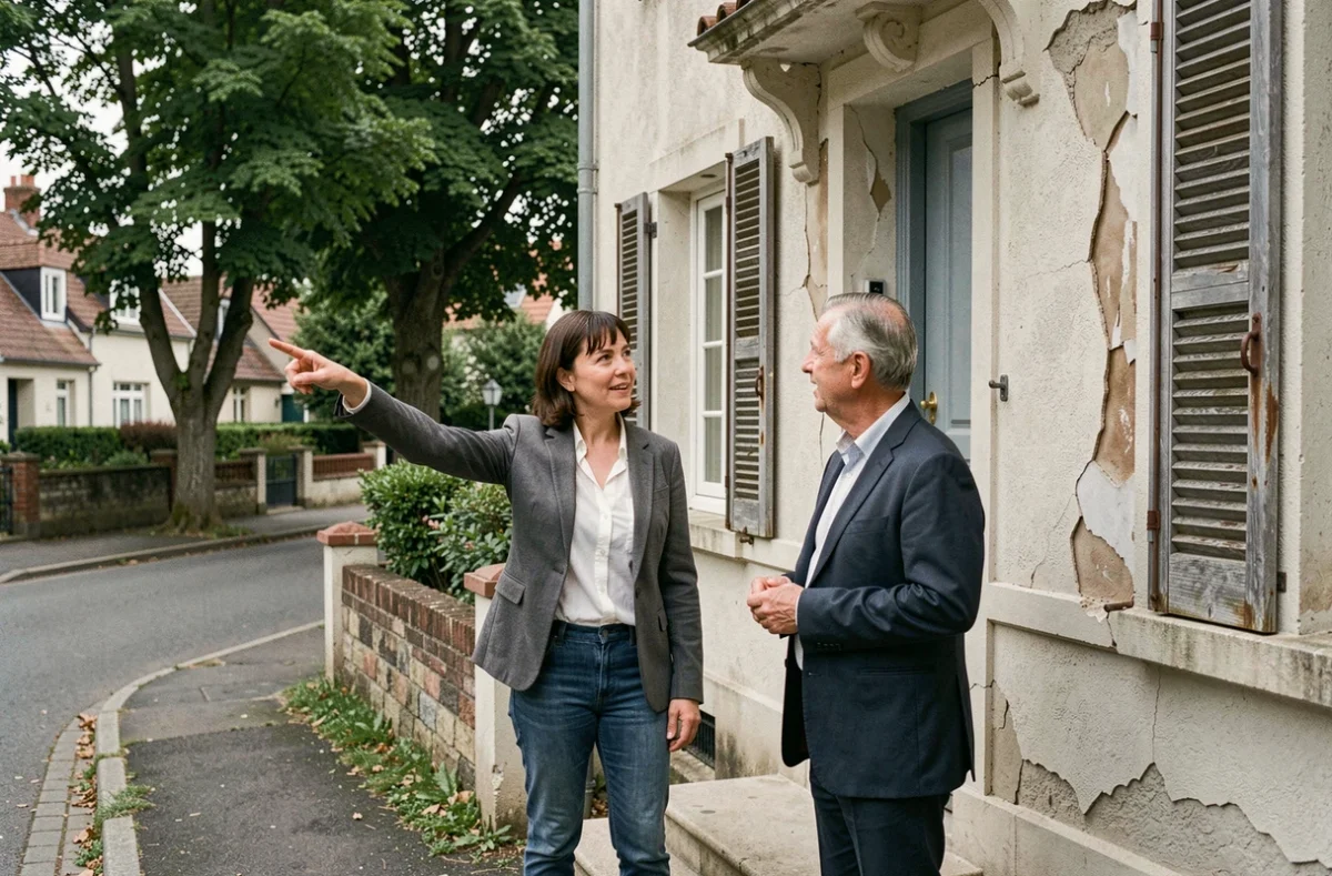 Acheteuse discutant des travaux extérieurs avec le vendeur particulier devant une maison ancienne à rénover