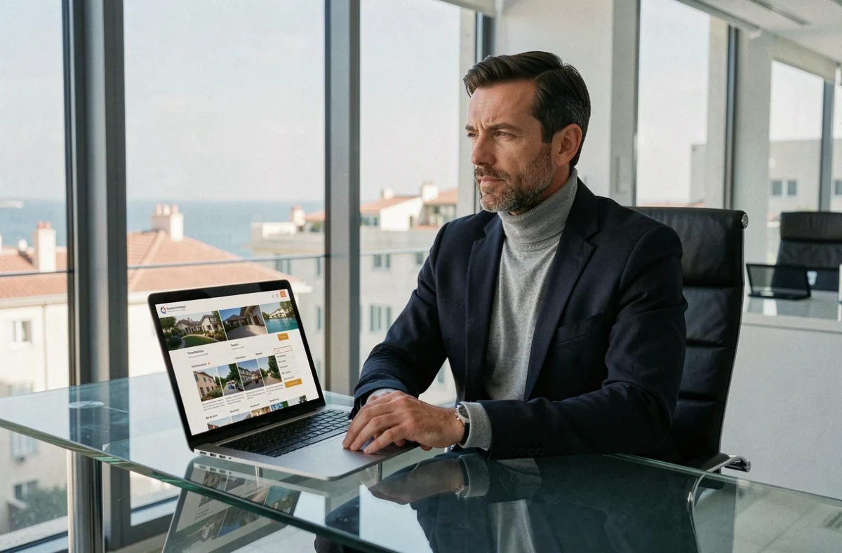 Agent d'Agences Privées Marseille dans un bureau design avec vue sur les toits et la mer Méditerranée