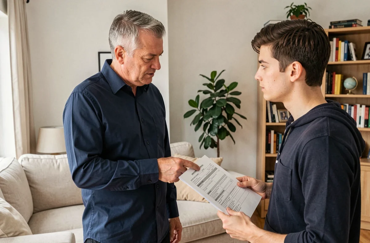 Agent d'assurance expliquant la franchise à un locataire dans un appartement