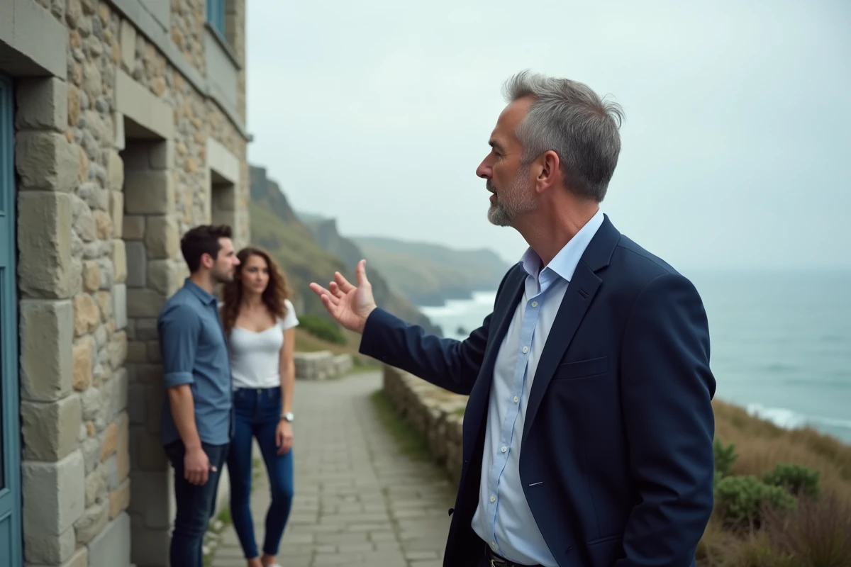 Agent immobilier présentant un appartement vue mer pas cher en Normandie à un couple d'acheteurs