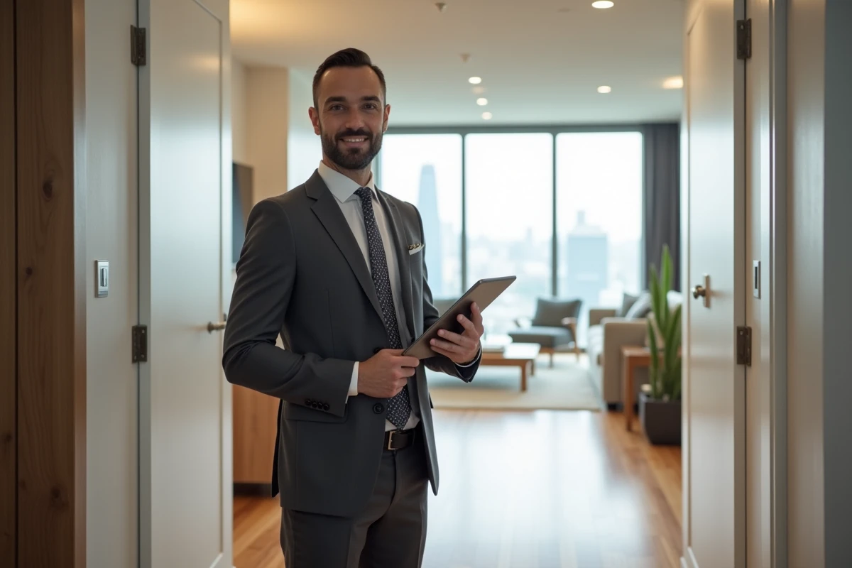Agent immobilier homme dans un appartement lumineux