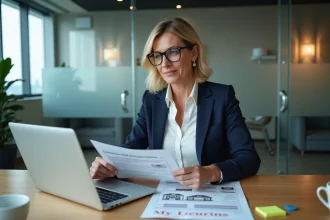 Agent immobilière comparant les prix DVF aux prix affichés sur un site web immobilier dans un bureau moderne