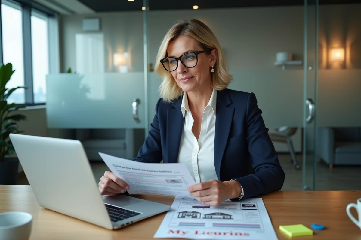 Agent immobilière comparant les prix DVF aux prix affichés sur un site web immobilier dans un bureau moderne