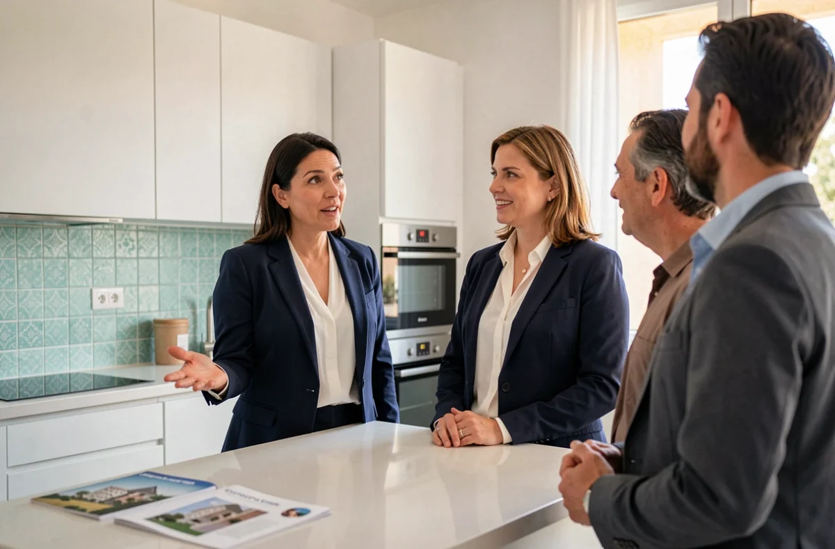 Agent immobilier présentant la cuisine d'un appartement à vendre à Guéliz Marrakech à des acheteurs potentiels