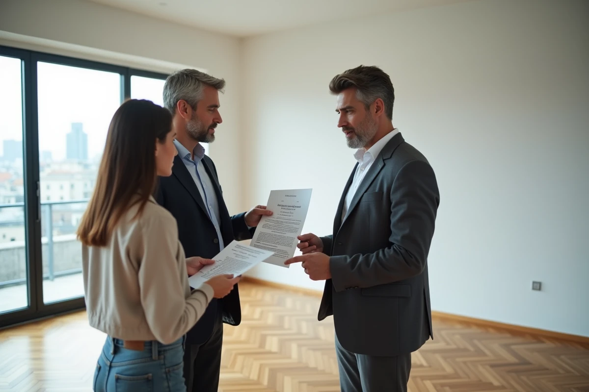 Agent immobilier expliquant le dépôt de garantie à un couple dans un appartement vide en visite
