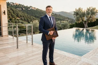 Agent immobilier en costume devant une villa de luxe avec piscine à débordement pour une estimation haut de gamme