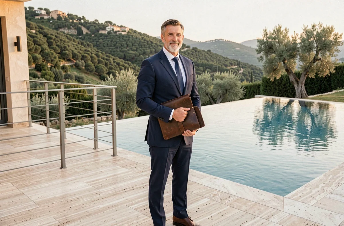 Agent immobilier en costume devant une villa de luxe avec piscine à débordement pour une estimation haut de gamme