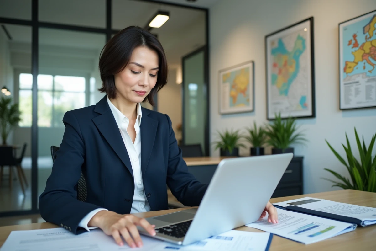 Agent immobilier iad femme consultant des documents de frais d'agence dans un bureau moderne
