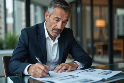 Agent immobilier de prestige en costume marine examinant des documents dans une agence moderne avec vue sur la ville