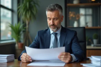 Agent immobilier en costume bleu examinant des rapports d'évaluation