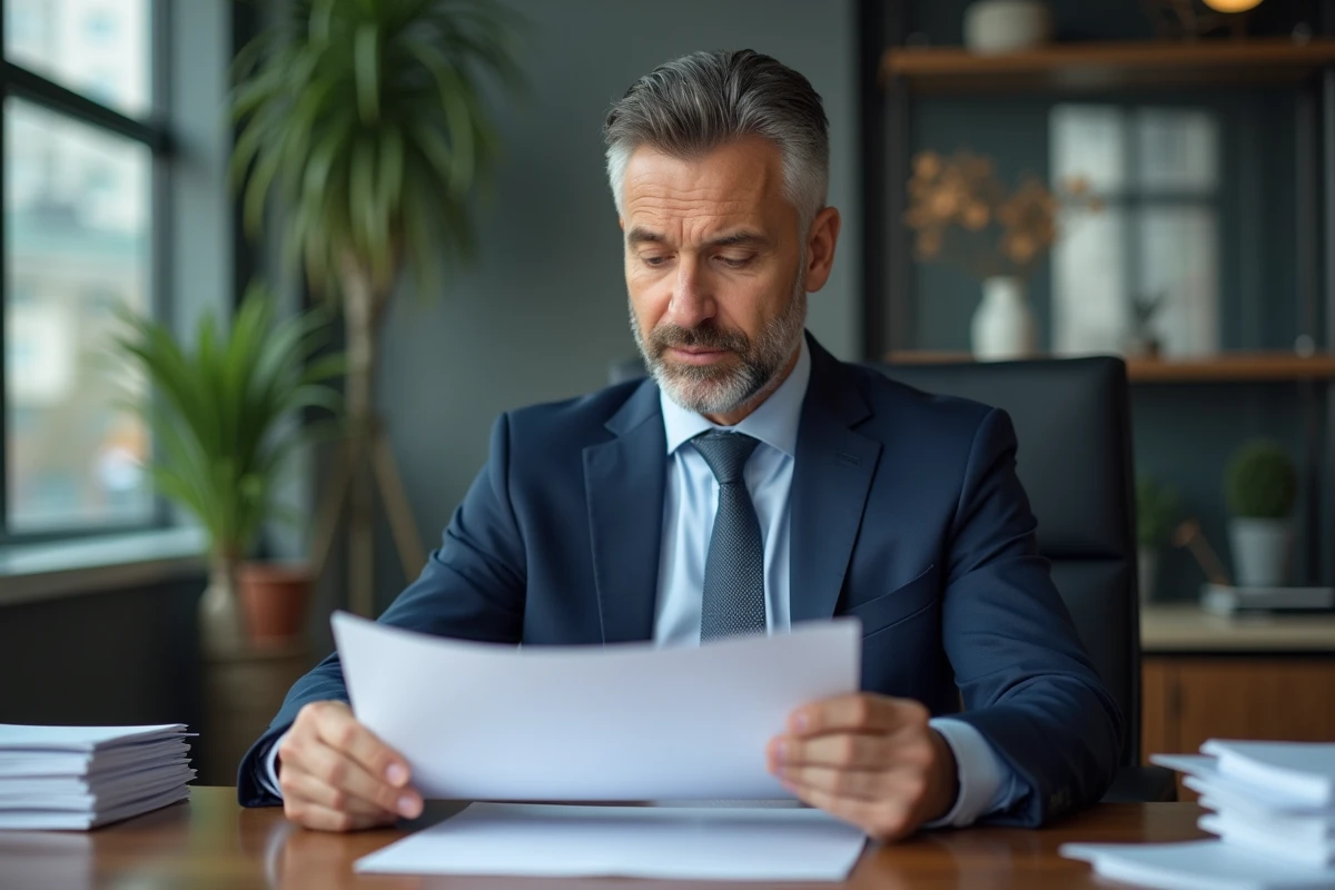 Agent immobilier en costume bleu examinant des rapports d'évaluation