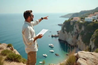 Agent immobilier tenant un dossier de vente face à un terrain en bord de mer sur une falaise rocheuse