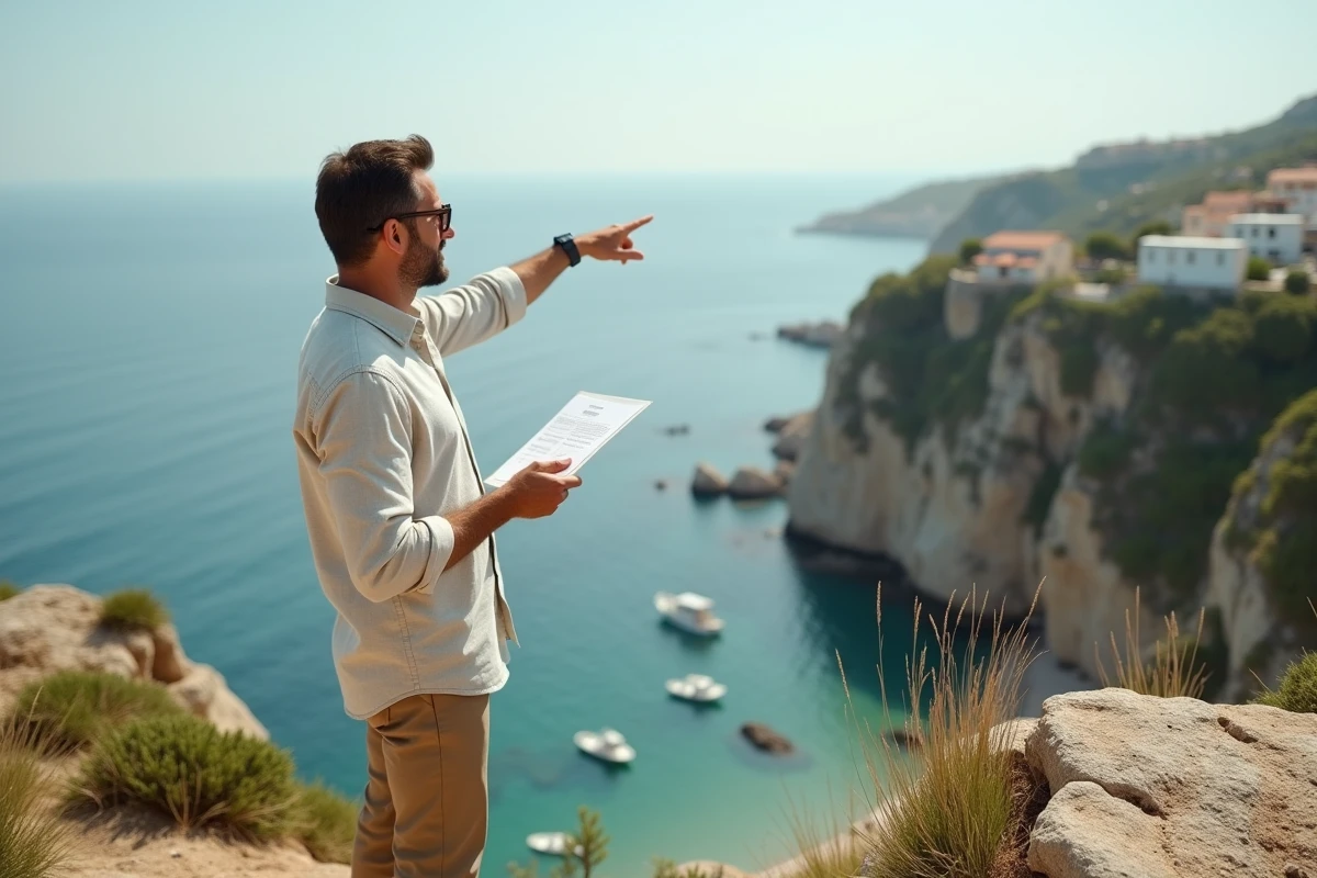 Agent immobilier tenant un dossier de vente face à un terrain en bord de mer sur une falaise rocheuse