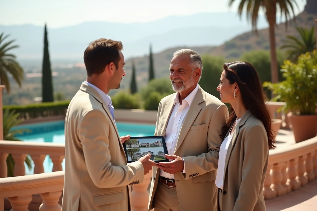 Agent immobilier présentant une villa avec piscine à Marrakech à des acheteurs potentiels sur une terrasse avec vue sur le jardin