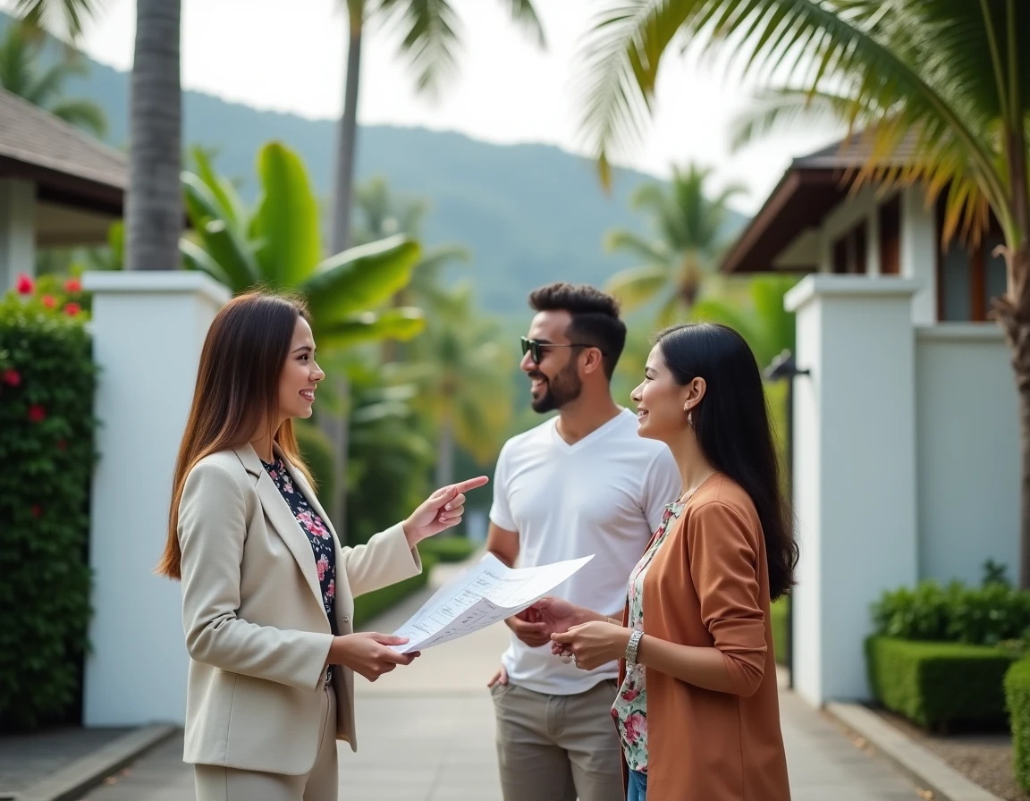 Agent immobilier présentant une villa à des acheteurs français lors d'une visite à Koh Samui