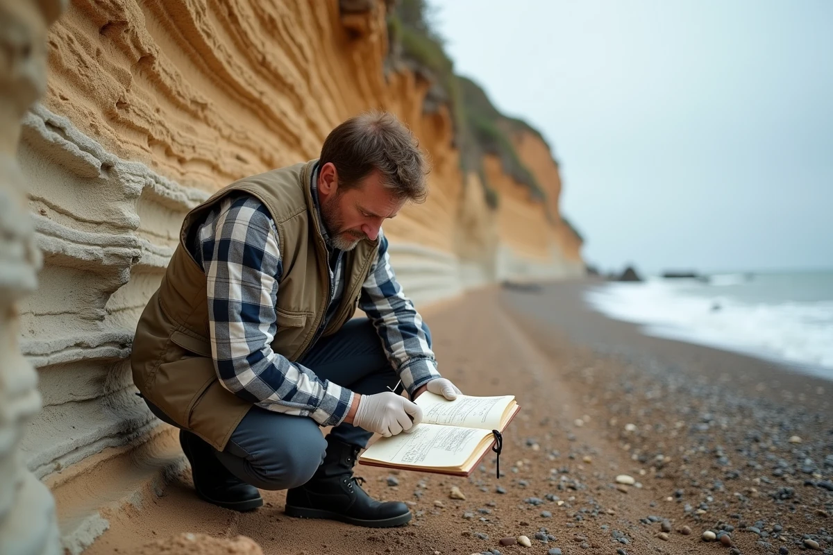 Géologue analysant l'historique d'érosion du terrain au pied d'une falaise côtière stratifiée