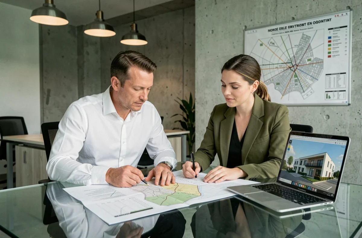 Deux professionnels de l'immobilier analysant une carte cadastrale et des projections financières dans une agence de promotion immobilière moderne