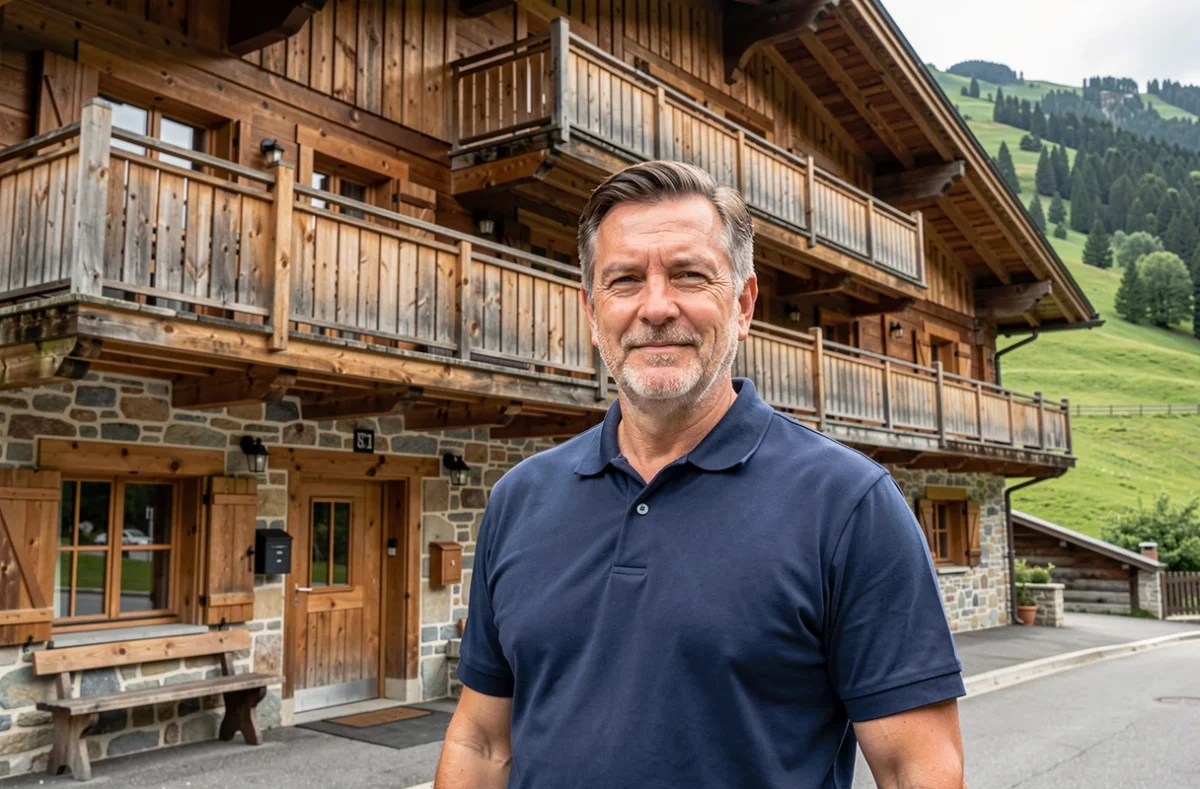 Professionnel d'Aravis International ADB devant un immeuble de style chalet au Grand-Bornand