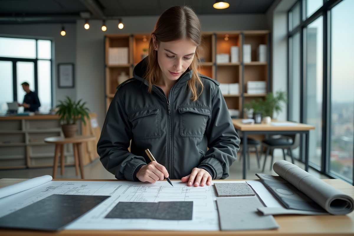 Jeune architecte analysant plans et matériaux d