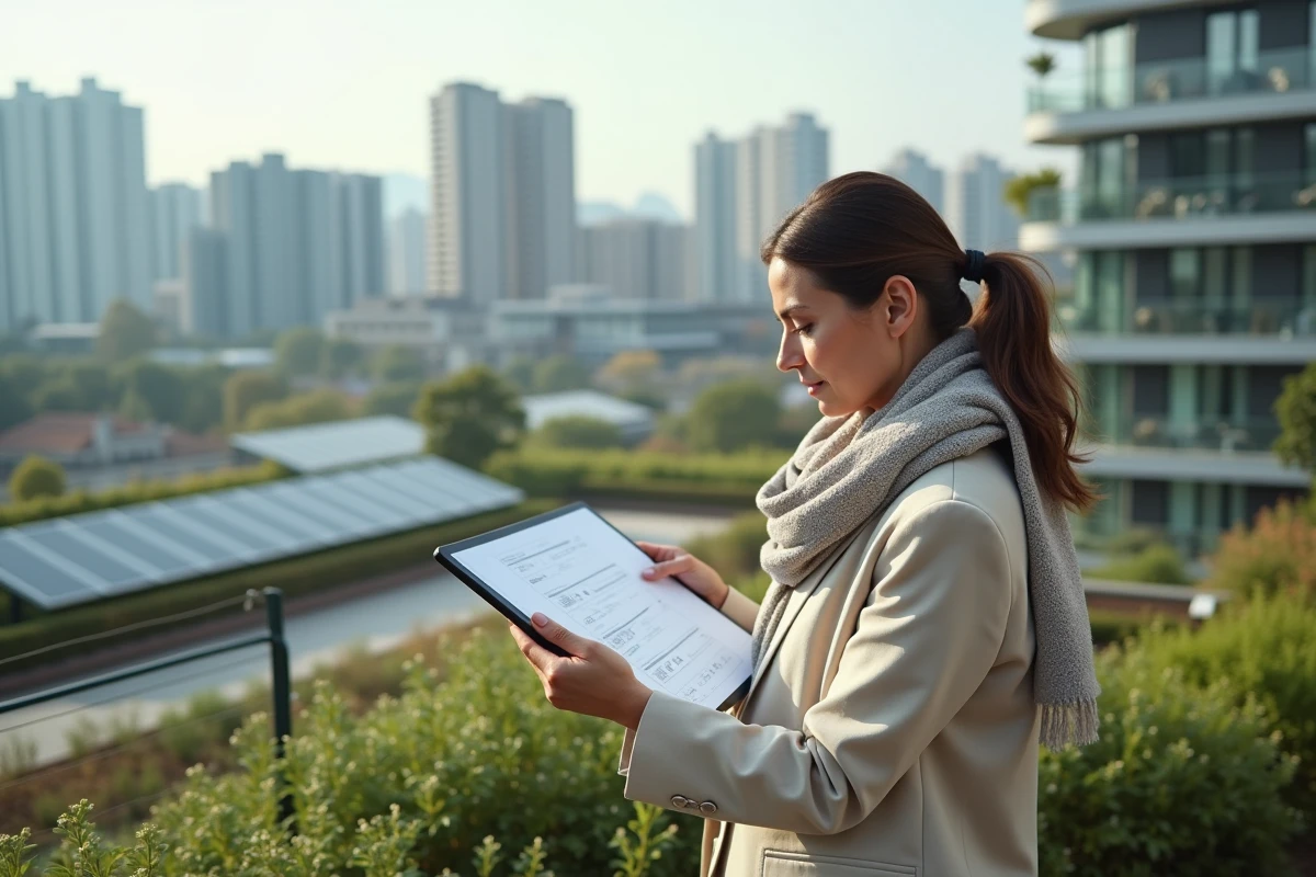 Architecte examinant des plans sur une terrasse verte