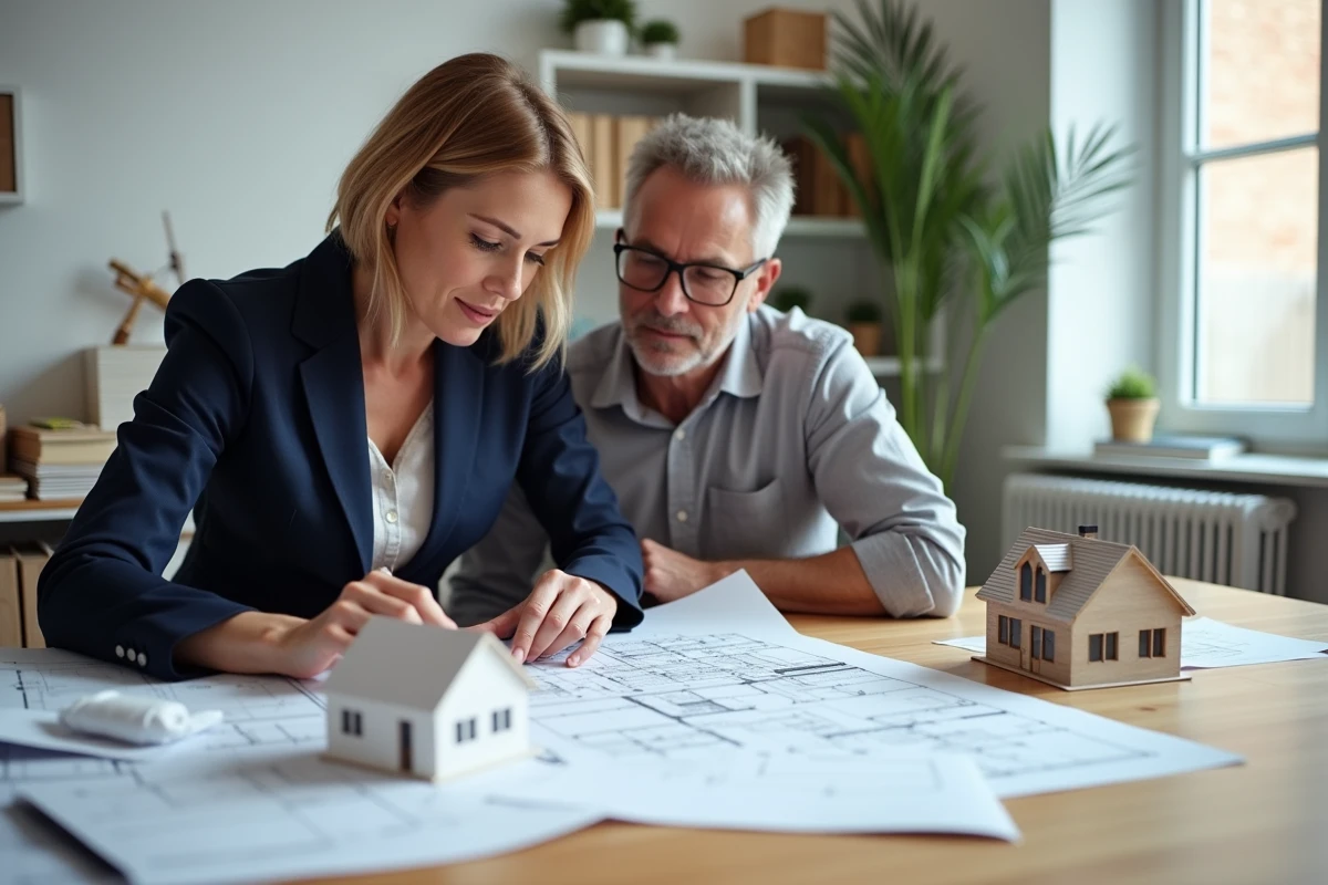 Architecte et couple consultant des plans de construction pour choisir entre maison mitoyenne et maison isolée