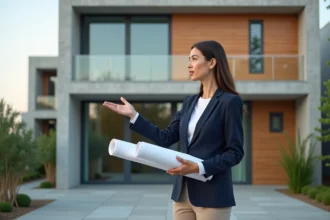 Architecte femme devant une façade moderne en béton et bois