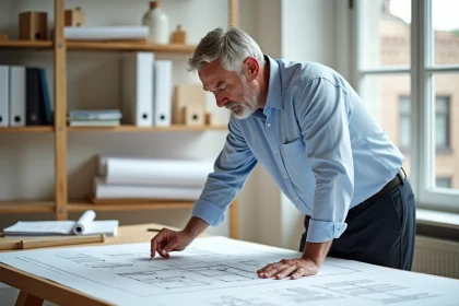 Architecte étudiant des plans de construction avec annotations de distances de limite de propriété sur une table à dessin