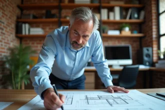 Architecte examinant des plans de permis de construire pour un garage résidentiel sur une table de travail