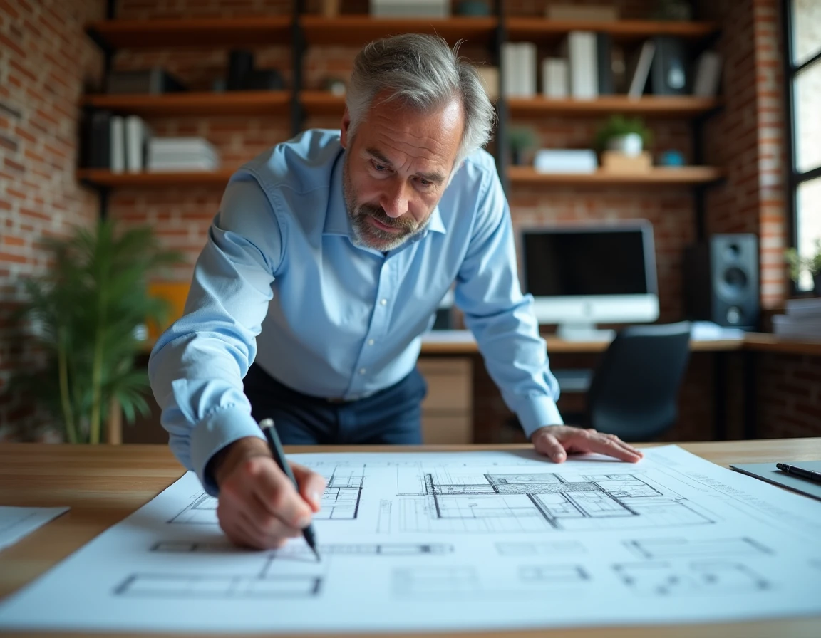 Architecte examinant des plans de permis de construire pour un garage résidentiel sur une table de travail