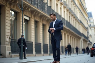 Homme d'affaires élégant en costume dans un arrondissement huppé de Paris avec façades haussmanniennes