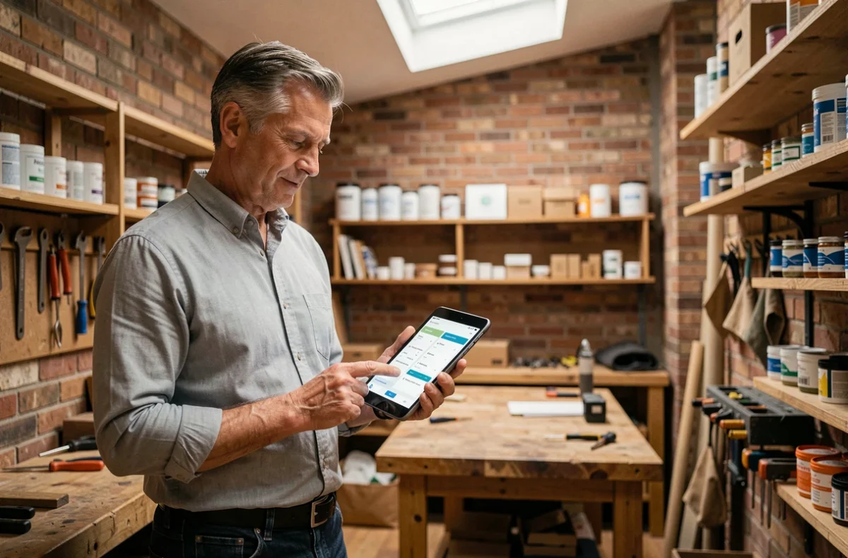 Artisan consultant une comparaison de prix d'assurance multirisque sur tablette dans son atelier