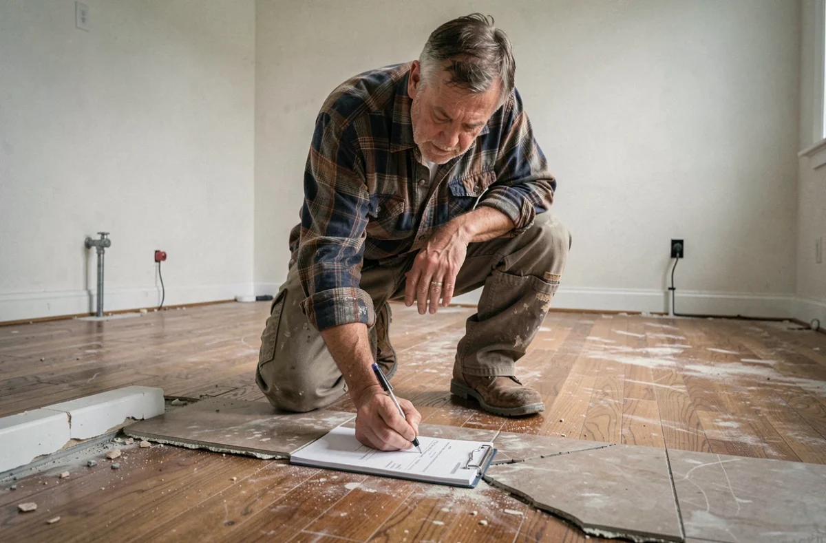 Artisan évaluant les travaux à prévoir dans une maison ancienne pour estimer le coût des rénovations