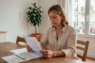 Femme consultant son contrat d'assurance habitation à la table de sa cuisine dans un appartement moderne