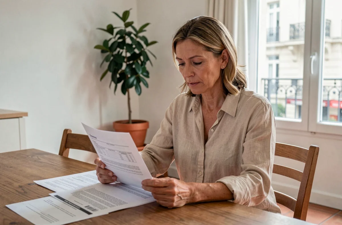 Femme consultant son contrat d'assurance habitation à la table de sa cuisine dans un appartement moderne