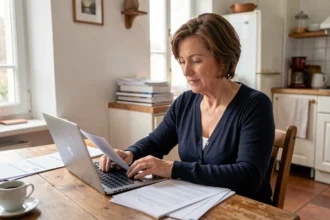 Femme consultant des documents d'assurance habitation sur un ordinateur portable dans une cuisine à Dunkerque