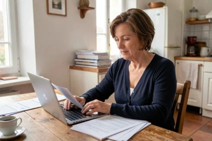 Femme consultant des documents d'assurance habitation sur un ordinateur portable dans une cuisine à Dunkerque