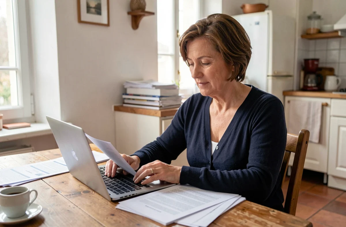 Femme consultant des documents d'assurance habitation sur un ordinateur portable dans une cuisine à Dunkerque