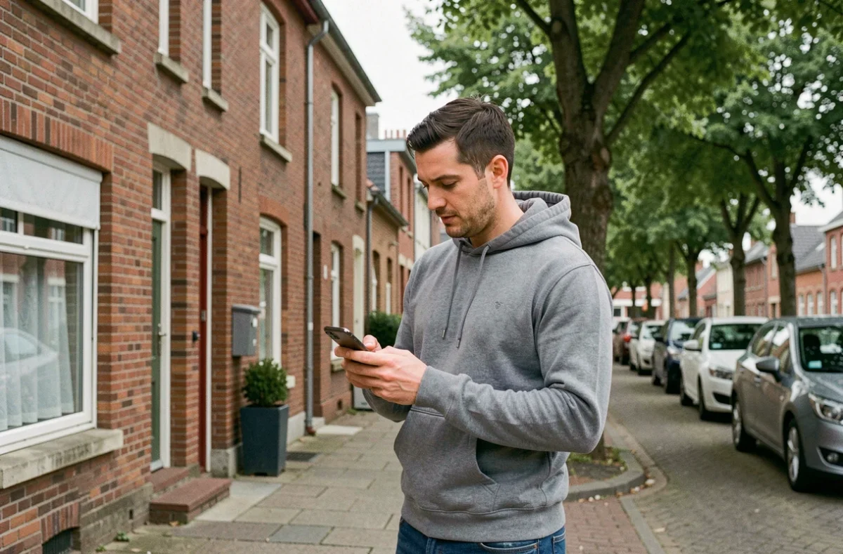 Homme comparant des offres d'assurance habitation sur smartphone devant une maison en brique rouge à Dunkerque