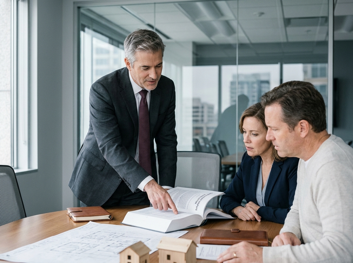Avocat spécialisé en construction conseillant un couple de clients lors d'une réunion sur un litige immobilier