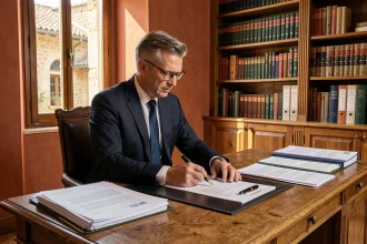 Avocat en droit immobilier examinant un contrat de location meublée dans son cabinet à Avignon