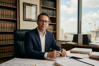Avocat en droit de la construction consultant des plans architecturaux et des contrats dans son bureau professionnel