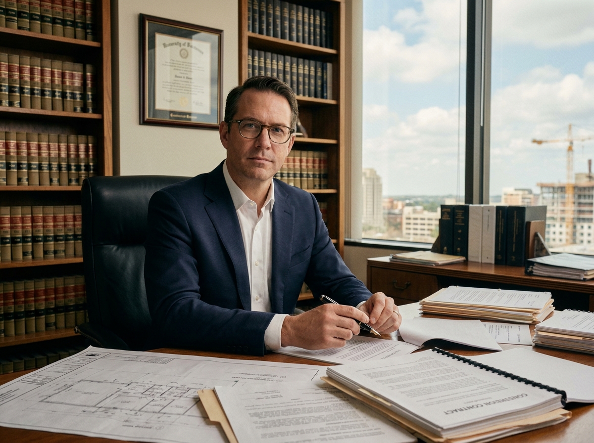 Avocat en droit de la construction consultant des plans architecturaux et des contrats dans son bureau professionnel