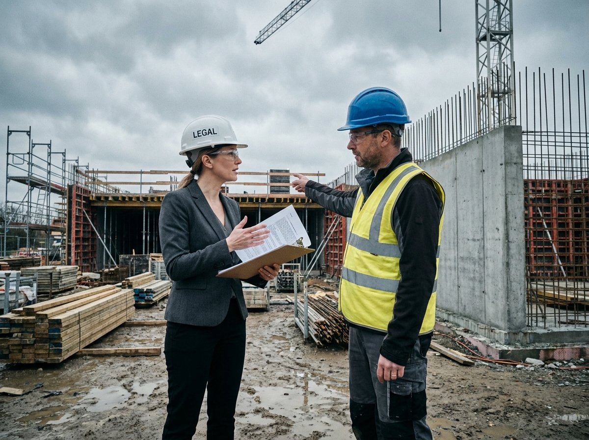 Avocate en droit de la construction sur un chantier discutant d'un contrat avec un chef de projet
